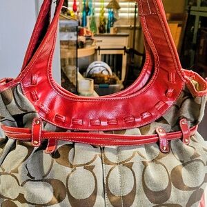 Stylish Red and Brown Coach Women's Canvas And Leather Bag